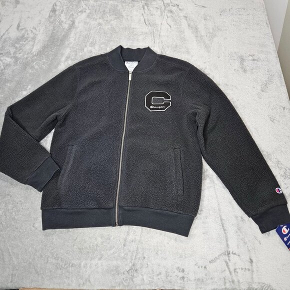 Champion Jacket Mens M Black Heritage Sherpa C Logo Varsity Preppy Zip Up NEW - Picture 2 of 11